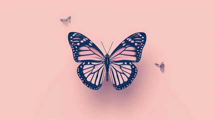 Wall Mural - A single pink butterfly with black stripes and two smaller gray butterflies on a pink background.