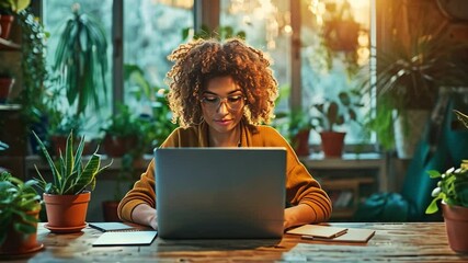 Fototapete - A woman with curly hair sits at a wooden table, focused on her laptop, surrounded by lush indoor plants and warm afternoon light streaming in through windows.