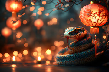 Wall Mural - Chinese New Year Snake with Traditional Red Lanterns Symbolizing Festivity and Celebration
