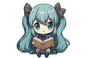 Sticker - Cute Anime Girl Reading a Book, Kawaii Illustration