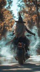 Sticker - A woman in a witch costume riding a motorcycle