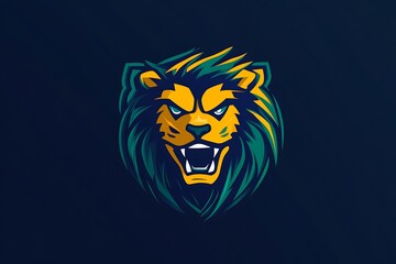 Canvas Print - Aggressive Lion Head Mascot Logo with Teal and Yellow Color Scheme