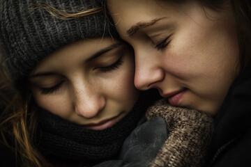 Two people in a tight, comforting embrace, with one resting their head on the other's shoulder. The scene radiates warmth, support, and reassurance, capturing a tender moment of emotional connection.