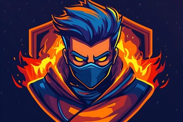 Poster - Fiery Ninja Gamer Mascot Logo Design with Blue and Orange Colors