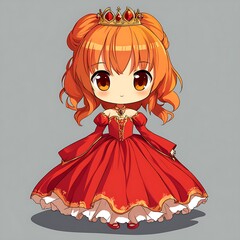 Sticker - Cute chibi princess in red dress with crown and long orange hair