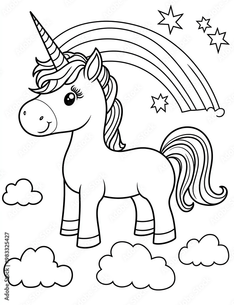 Cute unicorn standing under a rainbow coloring page for kids with a ...