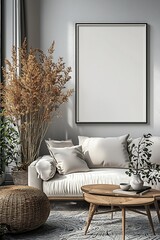 Sticker - Minimalist living room interior design with a white sofa, wooden coffee table and dried flowers