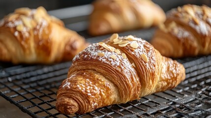 Delectable croissants with almonds on a metal grate
