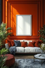 Canvas Print - Blank Frame Mockup in Modern Living Room with Orange Walls