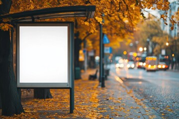 Blank Billboard Surrounded by Autumn Leaves in City