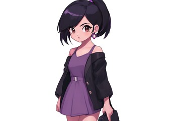 Poster - Anime girl with black hair in a ponytail, wearing a purple dress and a black jacket