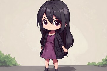 Poster - Cute anime chibi girl with long black hair wearing a purple dress and black jacket