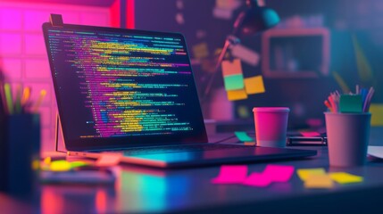Colorful Coding Workspace with Laptop and Coffee Cup