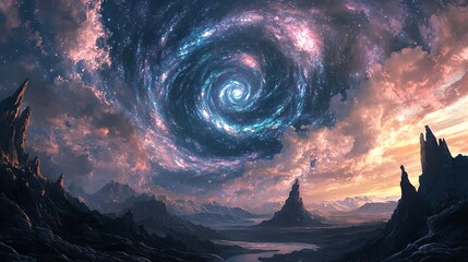 Wall Mural - A swirling galaxy fills the sky above a dramatic, rocky landscape.