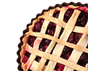 Poster - Baking dish with tasty cherry pie on white background