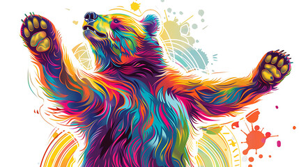 Wall Mural - Vibrant, colorful illustration of a bear with its paws raised.