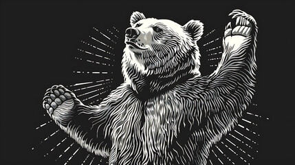 Black and white illustration of a bear standing on its hind legs with its paws raised.