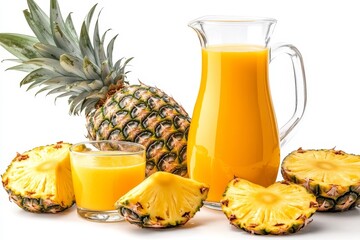 Wall Mural - Freshly Squeezed Pineapple Juice in Glass Pitcher and Cup, Isolated on White Background