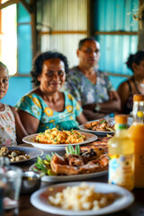 A group of people sitting around a table with plates of food