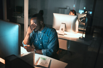 Aufkleber - Eye strain, headache and computer for businessman in office, exhausted with 404 error, pain or web overtime. Frustrated, fatigue and tired man with stress, anxiety or burnout for night crisis at desk