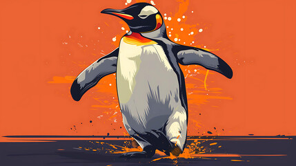 Wall Mural - A stylized illustration of a penguin walking with a splatter paint background.