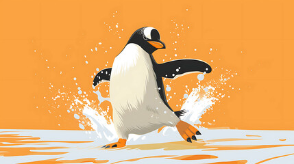 Sticker - Cartoon penguin splashing in the water on an orange background.