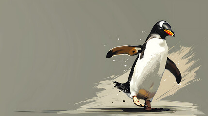 Wall Mural - A cute penguin with black and white feathers walking with one wing raised against a light gray background.