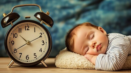 a baby is sleeping beside a clock