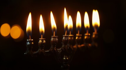 Burning Candles on a Menorah in the Dark