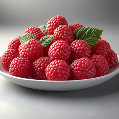 Wall Mural - A plate of raspberries with clear and visible texture details, healthy diet without oil or salt, low viewing angle, no other dishes or ingredients, white plate, pure white background.