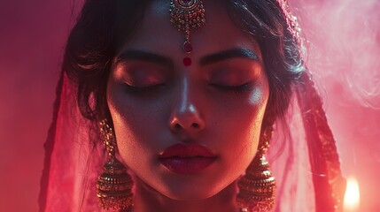 Wall Mural - Close-up Portrait of a Beautiful Indian Woman in Traditional Jewelry