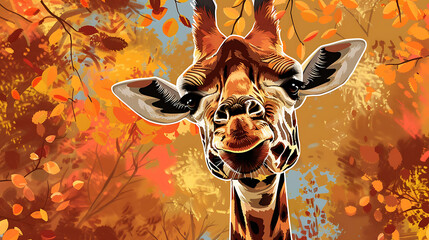 Sticker - Close-up portrait of a giraffe looking at the camera, painted with a fall colors background.