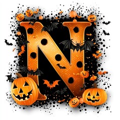 Sticker - Halloween Letter N with Pumpkins and Bats