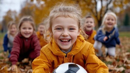 Sticker - A group of a bunch of kids are laying on the ground with one holding up a soccer ball, AI