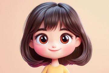 Wall Mural - Cute cartoon girl with big eyes and a bright smile. 3D illustration perfect for kids products, social media, and branding