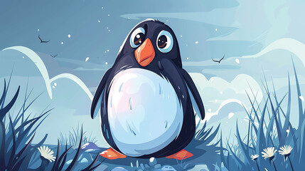 Wall Mural - Cartoon penguin with a worried expression in a winter landscape.