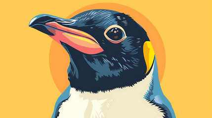 Wall Mural - A stylized portrait of a penguin with a yellow background.