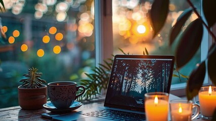 Aufkleber - A laptop is open on a rustic table beside a steaming coffee cup, with glowing candles illuminating the setting. The warm sunset casts a peaceful ambiance through the window.