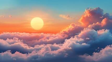 Blue sky clouds background beautiful landscape with clouds and orange sun on sky.