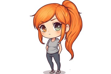 Sticker - Cute Cartoon Character, Girl with Red Hair in a Ponytail