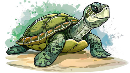 Wall Mural - A cartoon turtle with a green shell and a watercolor background.