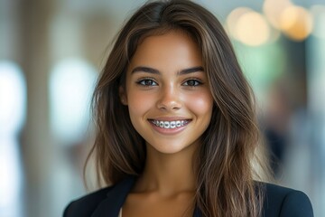 Wall Mural - Portrait of a Young Woman Smiling with Braces