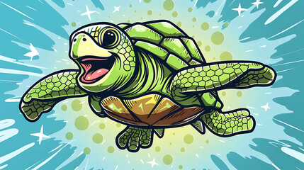 Wall Mural - Happy cartoon turtle flying in comic book style.