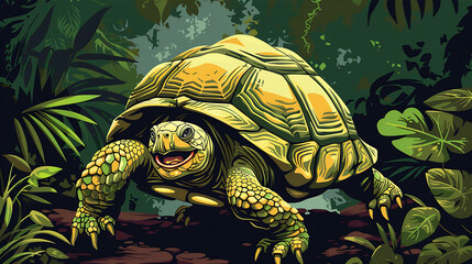 A cartoon illustration of a smiling turtle in the jungle.