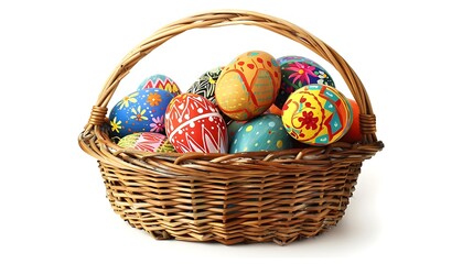 A wicker basket filled with hand-painted Easter eggs on a white background