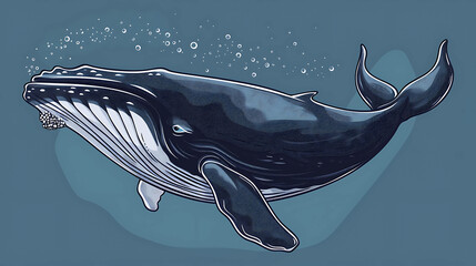 Wall Mural - A humpback whale swims through the ocean with bubbles rising from its blowhole.