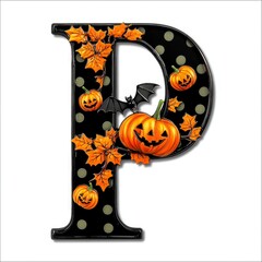 Canvas Print - Halloween Letter P with Pumpkins and Bats