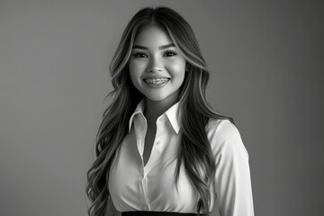 Wall Mural - Portrait of a Smiling Young Woman with Long Hair and Braces