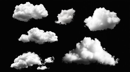 set of white cloud isolated on black background.