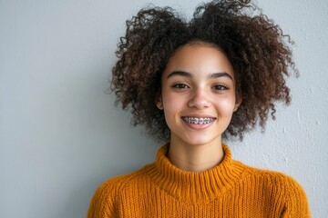 Wall Mural - Portrait of a Young Woman with Curly Hair and Braces Smiling